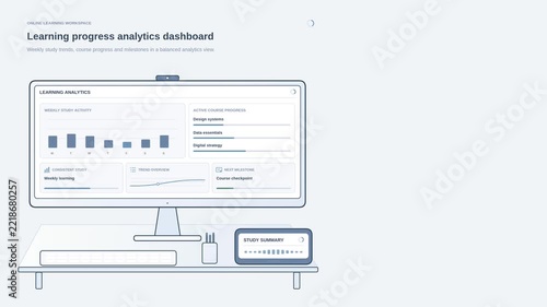 Learning progress analytics dashboard animation with course completion, performance charts and student metrics, clean e-learning motion graphic for online education, training insights and tracking
