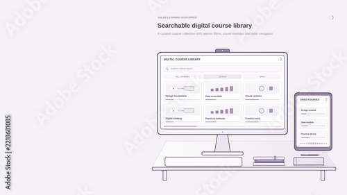 Searchable digital course library animation with categorized lessons, resources and course discovery interface, clean e-learning motion graphic for online education, training and knowledge access