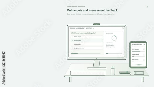 Online quiz and assessment feedback animation with test questions, scores and learner results, clean e-learning motion graphic for digital education, student evaluation and online training platforms