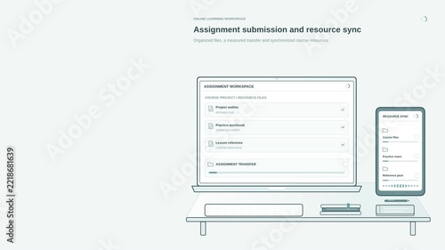 Assignment submission and resource sync animation with uploaded coursework, shared files and learning workflow, clean e-learning motion graphic for online education, students and digital classrooms