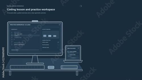 Coding lesson and practice workspace animation with programming exercises, code interface and learning tools, clean e-learning motion graphic for online coding, developer training and digital study