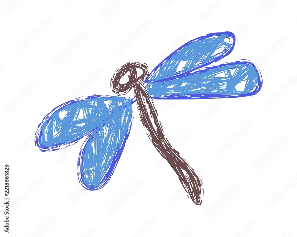 Fototapeta premium Hand-drawn sketch-style dragonfly with blue textured wings and brown body. Playful artistic illustration perfect for nature themes, kids art