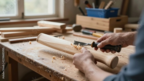 A skilled artisan shapes a wooden cricket bat using hand tools in a sunlit workshop filled with wood shavings and craftsmanship.