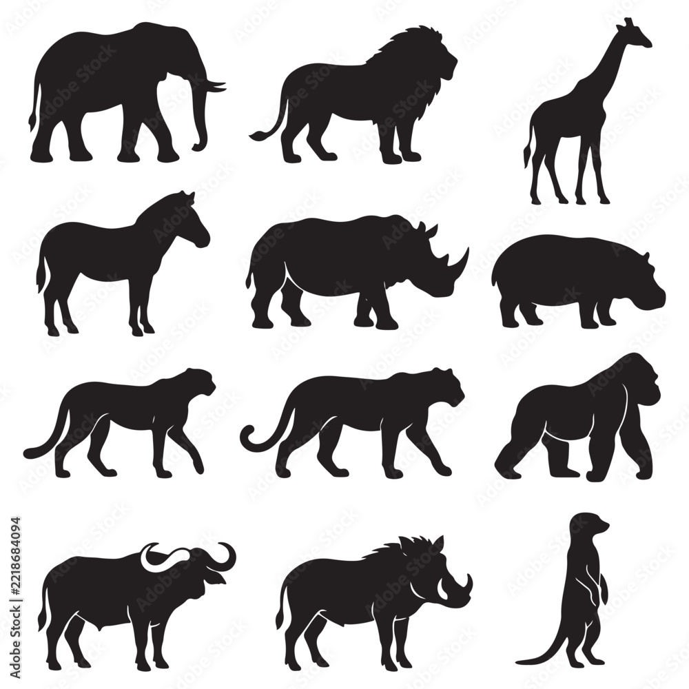 Fototapeta premium Wild animal silhouettes including an elephant, lion, giraffe, and zebra are arranged in a grid on a white background.