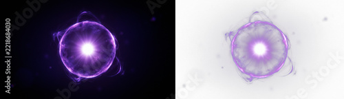 Abstract purple energy sphere with glowing light particles and magical aura effect, futuristic plasma orb isolated on transparent background