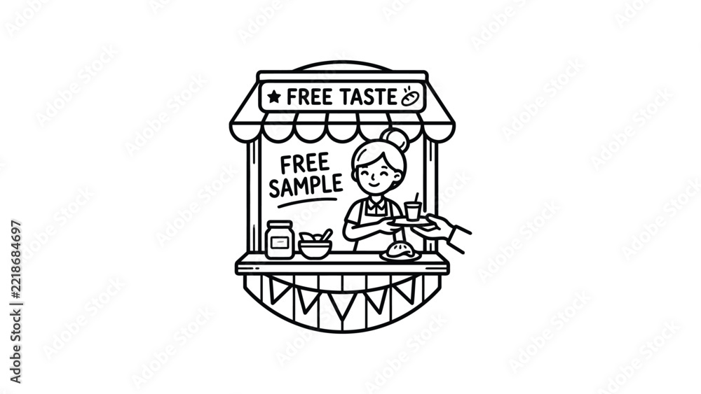 Obraz premium Happy Woman Offers Free Sample from Tasting Booth, Vector Illustration