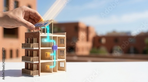 Creative miniature wooden building blocks with neon lights integrated into the structure on a bright outdoor rooftop background for innovative toy or architectural concept
