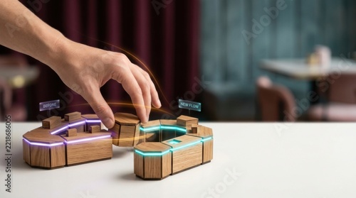 Modern tabletop holographic educational game featu illuminated wood blocks with augmented reality projections in a cozy indoor setting for entertainment and learning