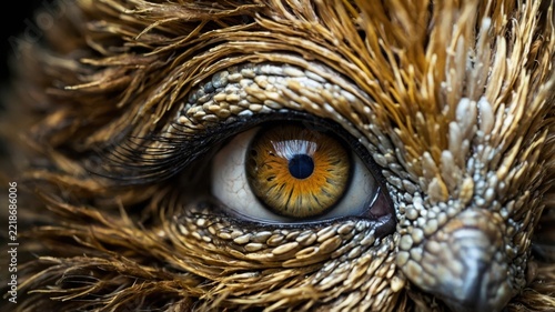 Close-up of Reptile Eye and Detailed Scales and Feathers