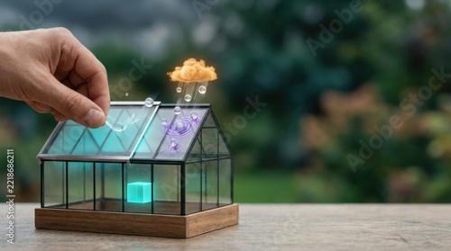 Tiny Glass Greenhouse Model with Cloud and Rain Simulation in a Natural Outdoor Garden Setting for Educational and Decorative Purposes