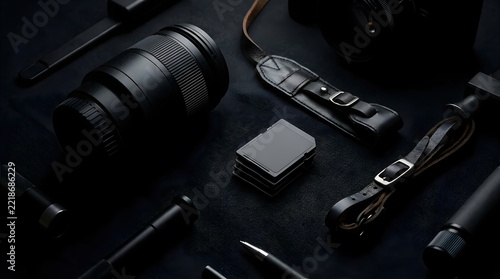 Professional photography accessories arranged on dark surface for Black Friday shopping deals. Premium camera gear and equipment sales promotion. Special discounts on professional tech tools.