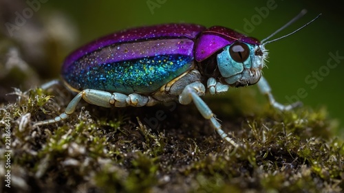 Close-up of Colorful Iridescent Beetle on Moss