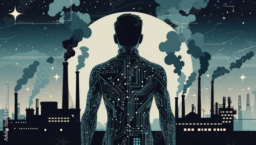 Person with Circuit Body Facing Industrial Pollution at Night