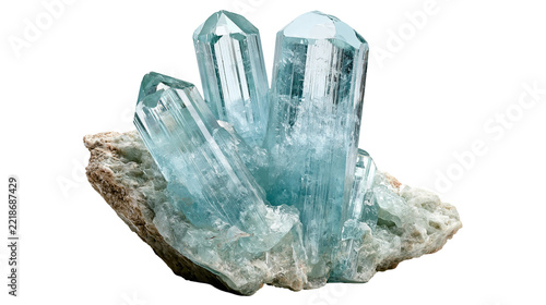 Light blue aquamarine crystal cluster on raw mineral matrix