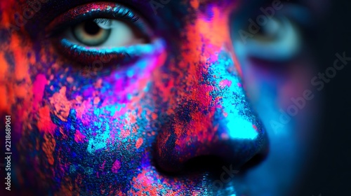 Close-up of a person's face covered in vibrant neon paint under UV light, highlighting textured skin and bright glowing colors around the eyes and nose.