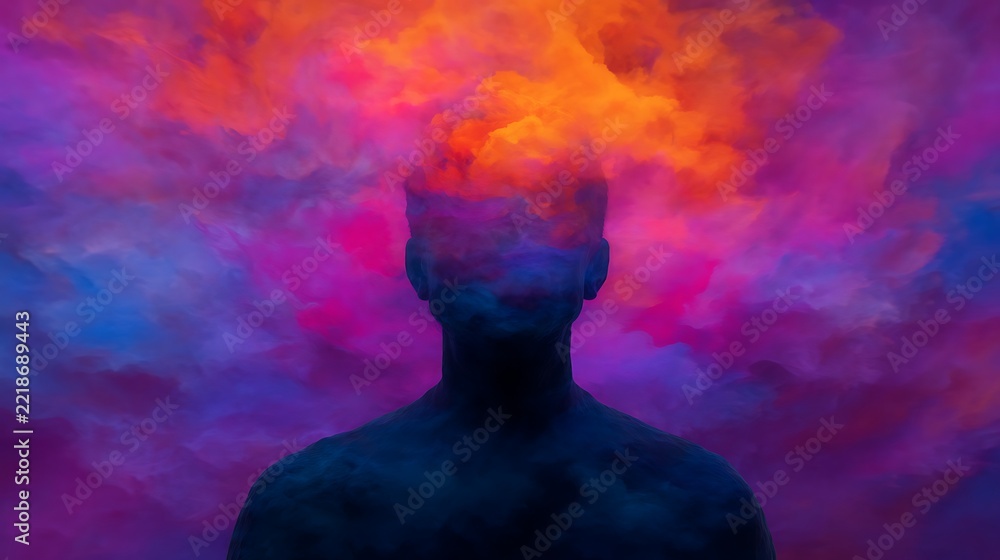 Fototapeta premium A silhouette of a person with vibrant, colorful smoke or clouds emanating from their head, symbolizing creativity, thoughts, or imagination.