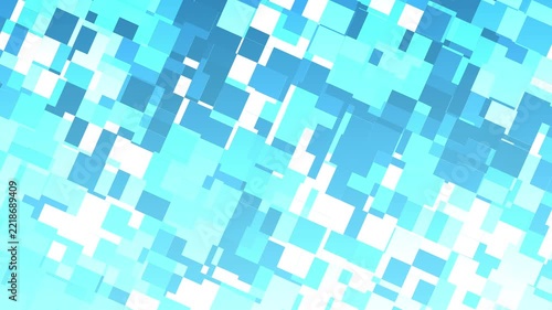 Abstract animated cool sky gradient background featuring layered pixel-like square and rectangular blocks in blue, cyan, and white tones.