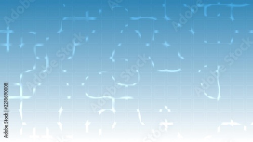 Abstract animated cool sky gradient background featuring soft glowing wave light lines flowing through a square grid pattern.