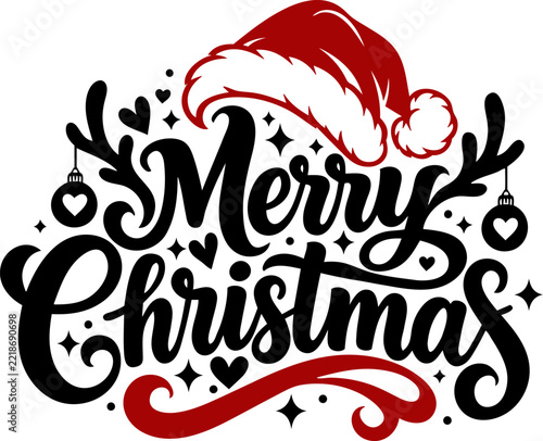 Merry Christmas Typography with Santa Hat and Reindeer Antlers