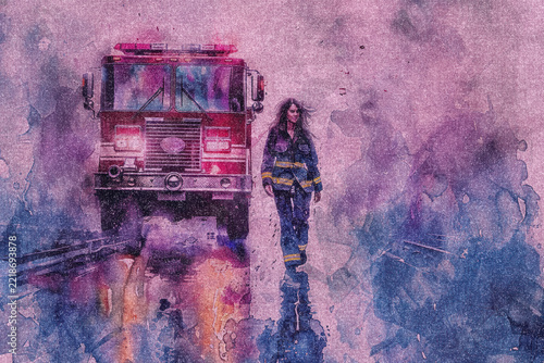 Watercolor painting of a female firefighter and a fire truck on a linen fabric texture; artistic grunge style retro background.