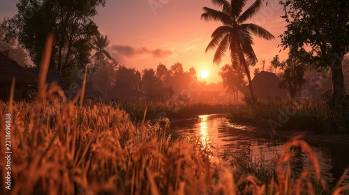 Beautiful sunset over tropical river with palm trees and lush vegetation