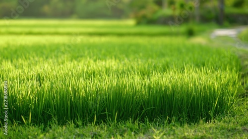 Lush Green Rice Paddy Field with Pathway and Trees under Bright Sky