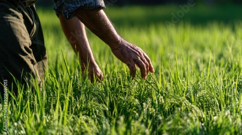 Farmer Hand Tending Green Rice Plants in Field during Daylight