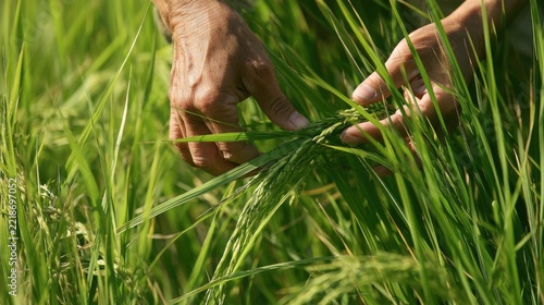 Farmer inspecting healthyç¨² plants closely in a rice field, hands gently touching rice