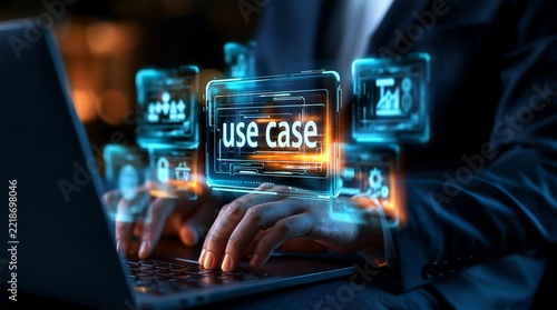 Holographic Use Case Dashboard on Laptop in Dark Blue Workspace