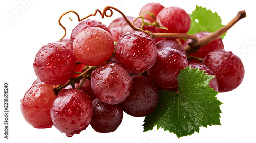 Fresh ripe red grapes cluster with water droplets and green vine leaf
