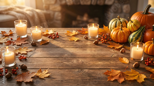 Rustic Thanksgiving table background realistic photo with warm candlelight, pumpkins and autumn leaves, vertical composition

