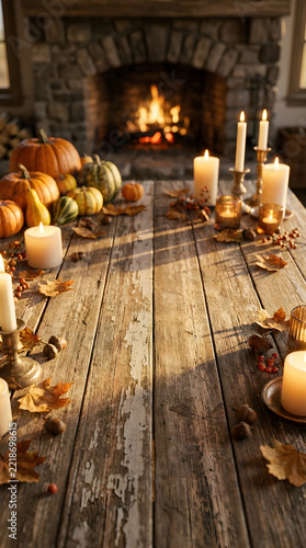 Rustic Thanksgiving table background realistic photo with warm candlelight, pumpkins and autumn leaves, vertical composition

