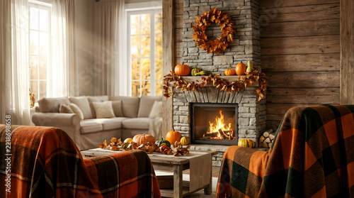 Cozy Thanksgiving living room interior with warm fireplace, autumn wreath, plaid blankets and pumpkins, copyspace