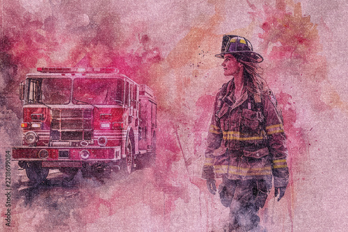 Watercolor painting of a female firefighter and a fire truck on a linen fabric texture; artistic grunge style retro background.
