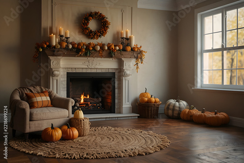 Cozy Thanksgiving living room interior with warm fireplace, autumn wreath, plaid blankets and pumpkins, copyspace