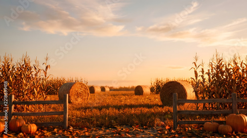Golden autumn harvest field at sunset with hay bales, corn stalks and soft clouds, Thanksgiving seasonal background