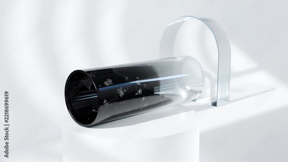 Fototapeta premium Transparent cylinder contains starry night sky. Minimalist design, sleek presentation, modern aesthetic. Light plays across surfaces.