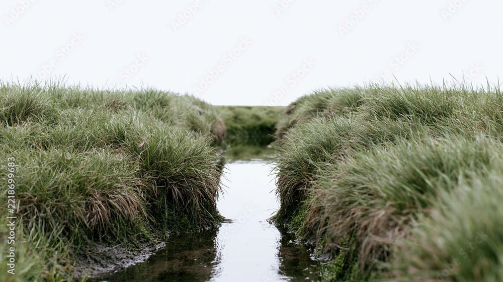 Naklejka premium Narrow water channel flanked by grassy marsh banks in a wetland landscape