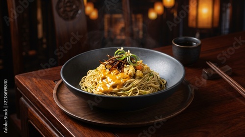 Luxurious Crab Roe Scallion Oil Noodles with velvety golden crab butter, delicate springy noodles and caramelized scallions, served in dark charcoal stoneware bowl on rosewood table in luxury room