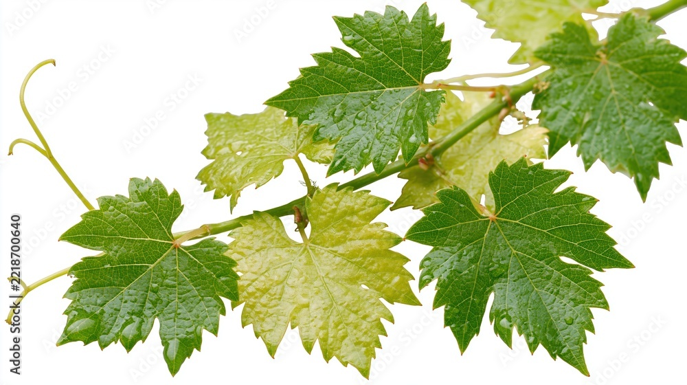 Fototapeta premium Grapevine cutting with lobed green leaves and tendrils isolated on white background
