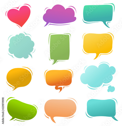 collection of colorful speech bubbles - various shapes - heart, cloud, rectangle, and oval, playful, vibrant look