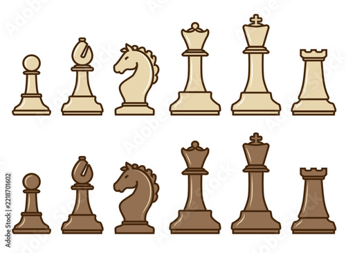 Illustration of chess pieces in two distinct sets, beige and brown. Chess set: pawn, bishop, knight, queen, king, and rook in classical shapes.