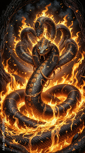 Mythical giant cobra snake rising from burning inferno flames with multiple coiled tails and dark scales in fantasy art style