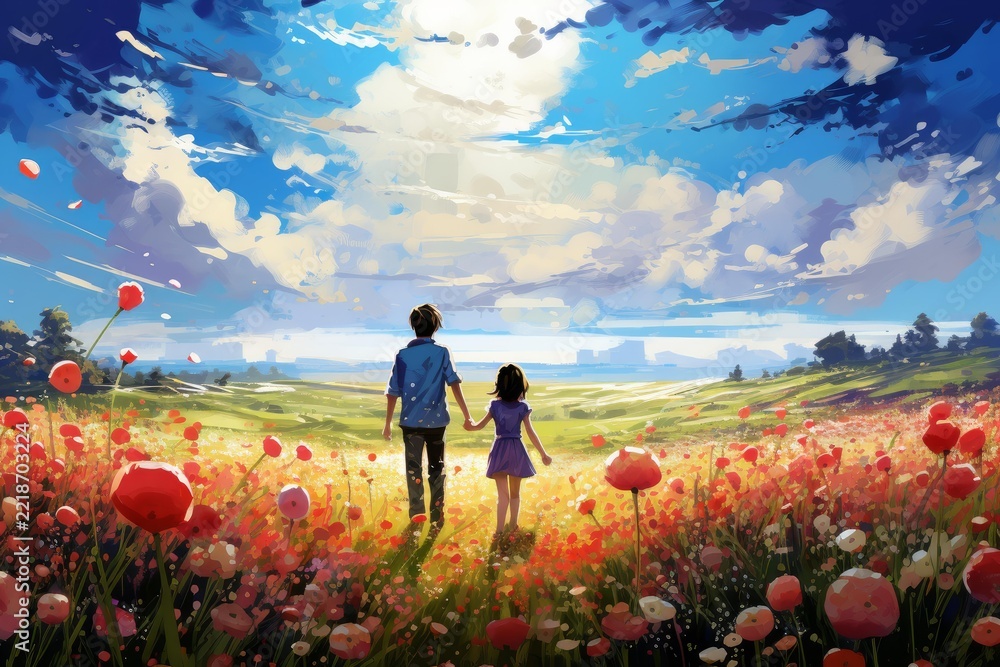 Fototapeta premium Two children holding hands, walking through a vibrant red poppy field under a bright blue sky, sunlight streaming through clouds, symbolizing childhood dreams, innocence, hope, and new beginnings