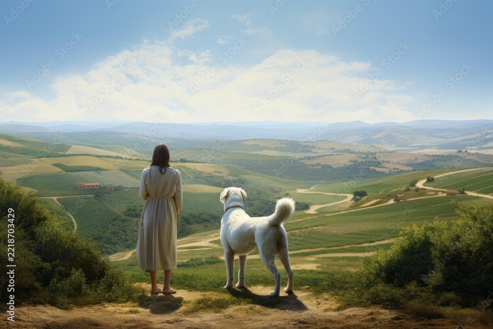 Fototapeta premium Woman and her white dog stand on a tuscan hilltop, looking over sunlit vineyards, fields and distant mountains a quiet moment of freedom, travel and companionship