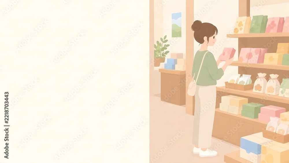 Fototapeta premium Woman Choosing Souvenirs from Display Shelves on Last Day of Trip