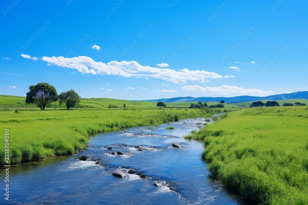 Naklejka premium River flowing through vibrant green meadows and rolling hills under a bright blue sky with scattered clouds, depicting tranquil countryside nature and serene spring landscape