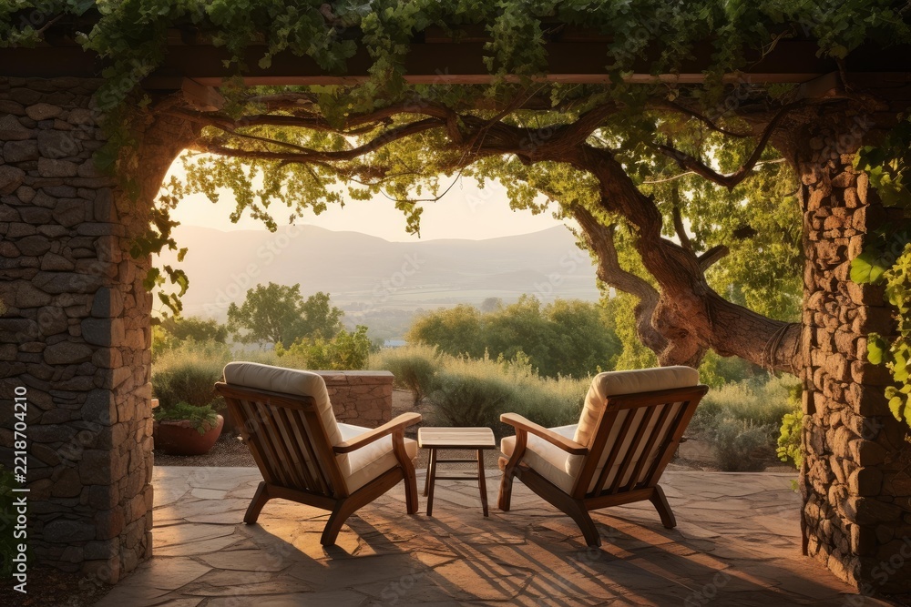 Fototapeta premium Outdoor chairs arranged on a stone patio under a leafy trellis. Providing a peaceful retreat with a panoramic vista of rolling vineyards and distant mountains bathed in the warm light of a setting sun