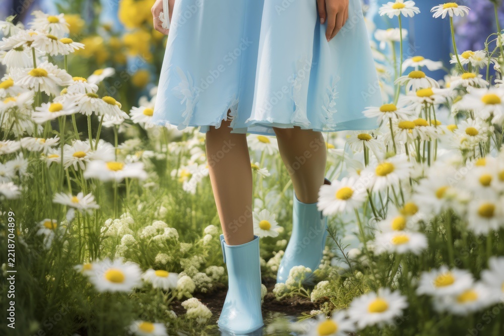 Fototapeta premium Woman's legs in a flowing light blue dress and matching rain boots stepping through a lush meadow of white daisies, evoking spring renewal, carefree joy, and gentle outdoor serenity