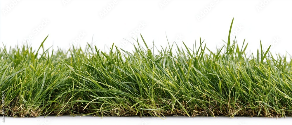 Fototapeta premium Strip of fresh green grass blades at ground level on white background
